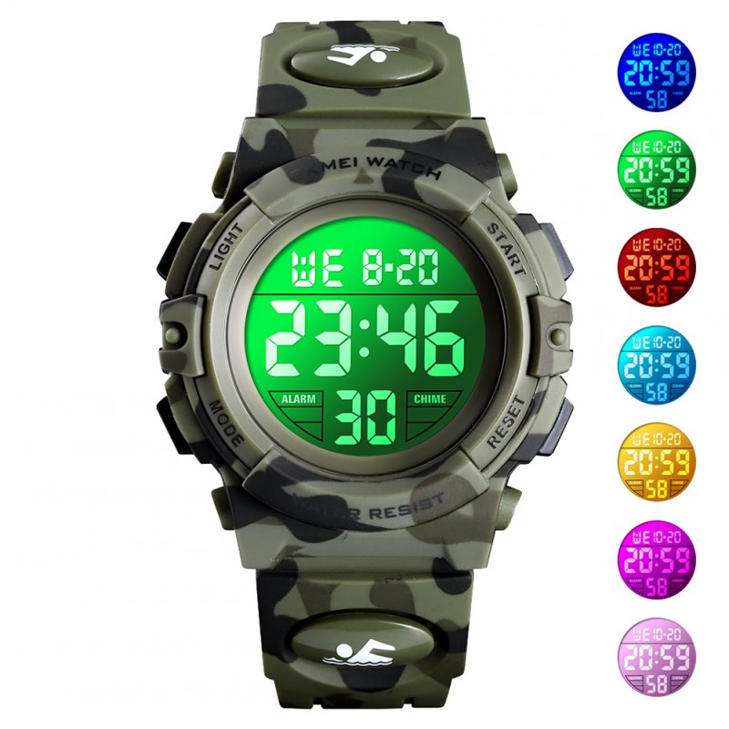 Original SKMEI Kid Digital Sports Watch Colorful LED Date Week EL Light Waterproof Alarm Camouflage Wristwatch Army Green