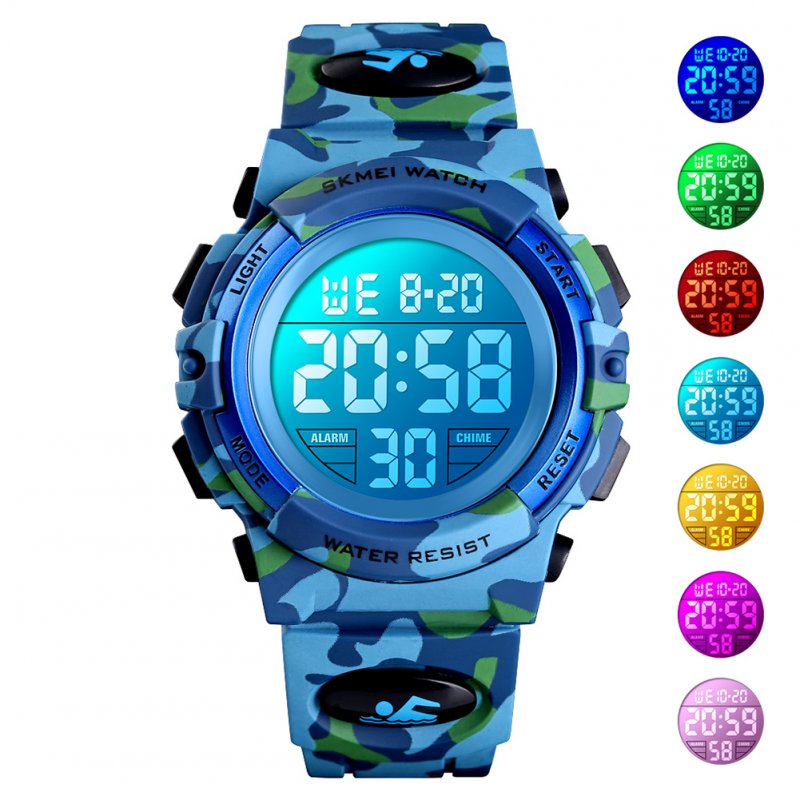 Original SKMEI Kid Digital Sports Watch Colorful LED Date Week EL Light Waterproof Alarm Camouflage Wristwatch Light blue