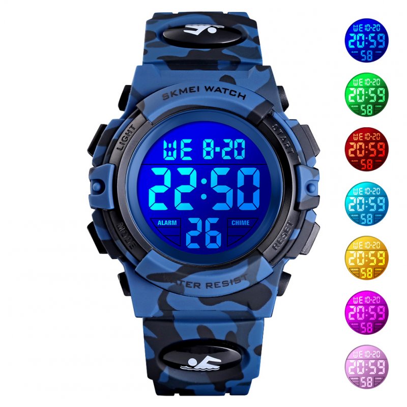 Original SKMEI Kid Digital Sports Watch Colorful LED Date Week EL Light Waterproof Alarm Camouflage Wristwatch Dark blue