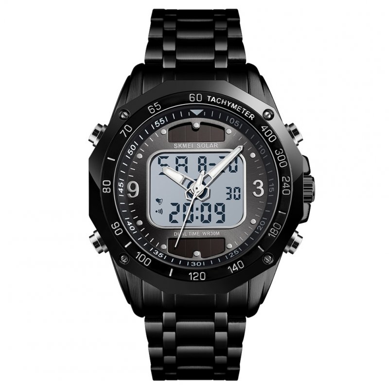 Original SKMEI Men Solar Quartz Digital Watch Dual Time Date Week Waterproof EL Light Alarm Sports Wristwatch Black