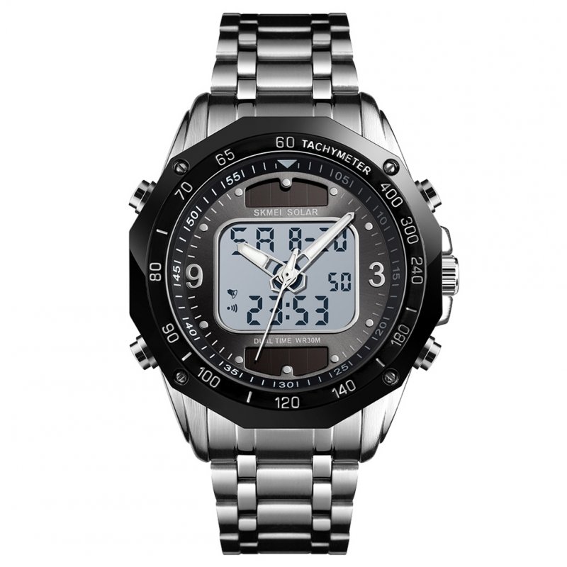 Original SKMEI Men Solar Quartz Digital Watch Dual Time Date Week Waterproof EL Light Alarm Sports Wristwatch Silver black