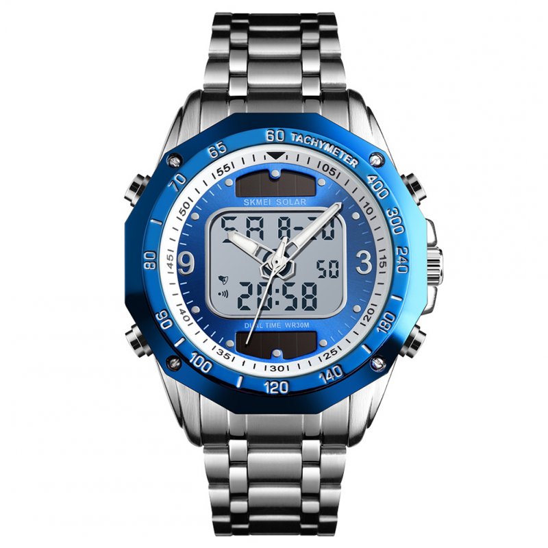 Original SKMEI Men Solar Quartz Digital Watch Dual Time Date Week Waterproof EL Light Alarm Sports Wristwatch Silver blue