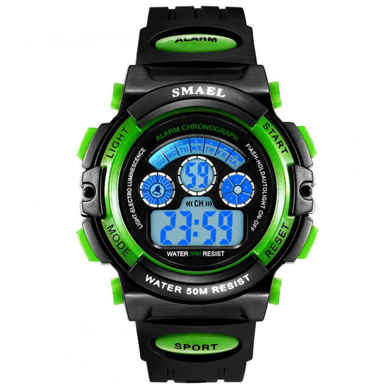 SMAEL 0508 Children's Multi-Function Digital Waterproof Electronic Watch with Night Light for Sports Black shell green circle - large