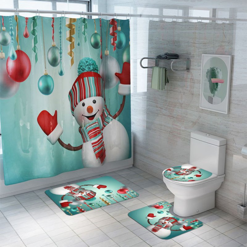 Santa Claus/Christmas Snowman/Christmas Tree Pattern Printing Shower Curtain + Floor Mat +Toilet Seat Cover+ Foot Pad Set Y146_As shown