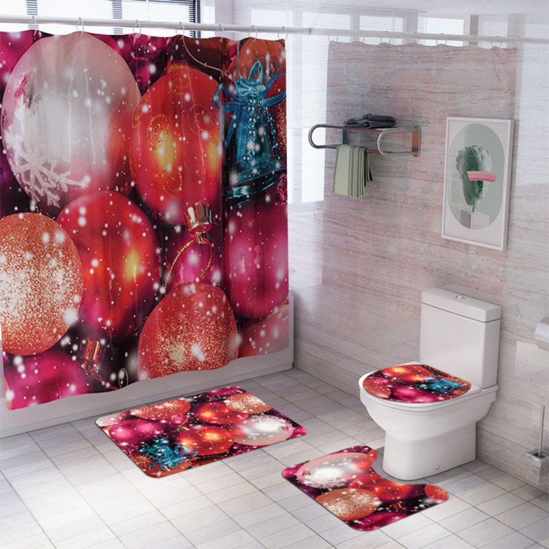 Santa Claus/Christmas Snowman/Christmas Tree Pattern Printing Shower Curtain + Floor Mat +Toilet Seat Cover+ Foot Pad Set Y184_As shown