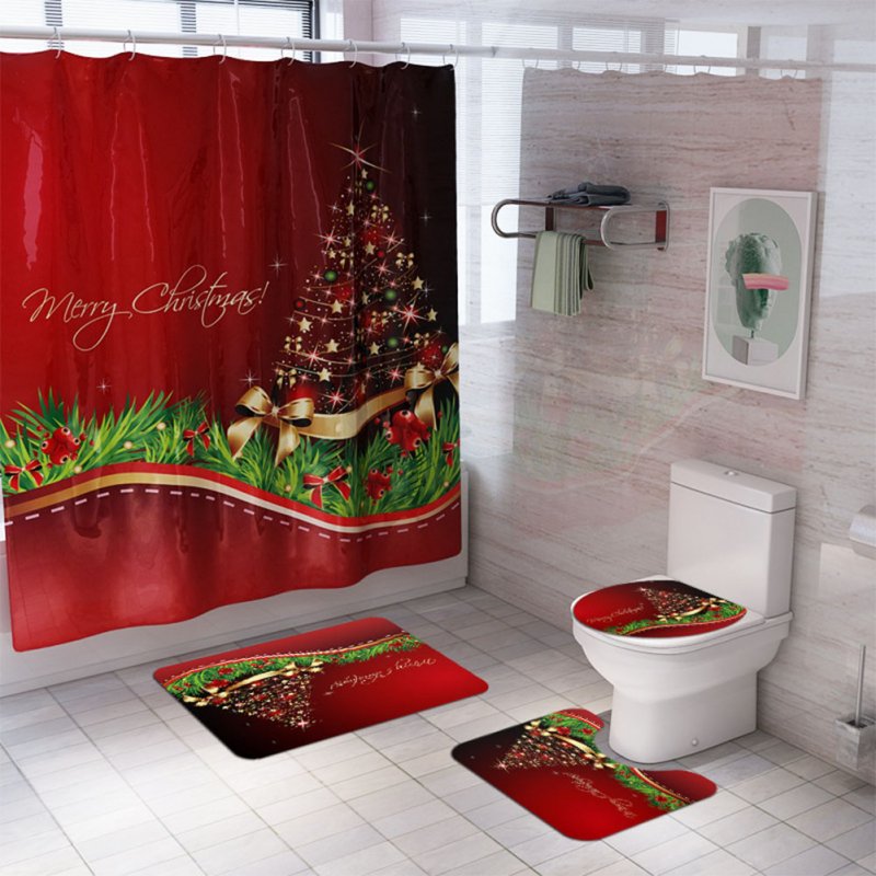 Santa Claus/Christmas Snowman/Christmas Tree Pattern Printing Shower Curtain + Floor Mat +Toilet Seat Cover+ Foot Pad Set Y141_As shown