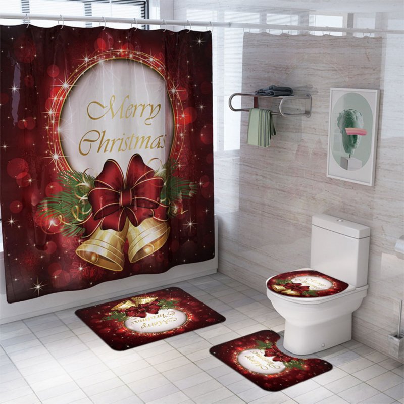 Santa Claus/Christmas Snowman/Christmas Tree Pattern Printing Shower Curtain + Floor Mat +Toilet Seat Cover+ Foot Pad Set Y142_As shown