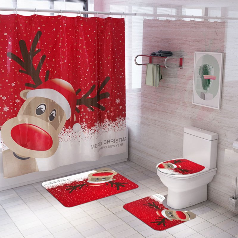 Santa Claus/Christmas Snowman/Christmas Tree Pattern Printing Shower Curtain + Floor Mat +Toilet Seat Cover+ Foot Pad Set Y144_As shown