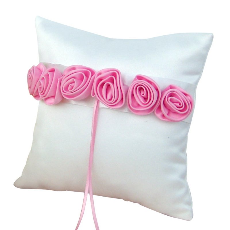 Satin Rose Flower Rustic Elegant Square Wedding Ring Pillow Pink