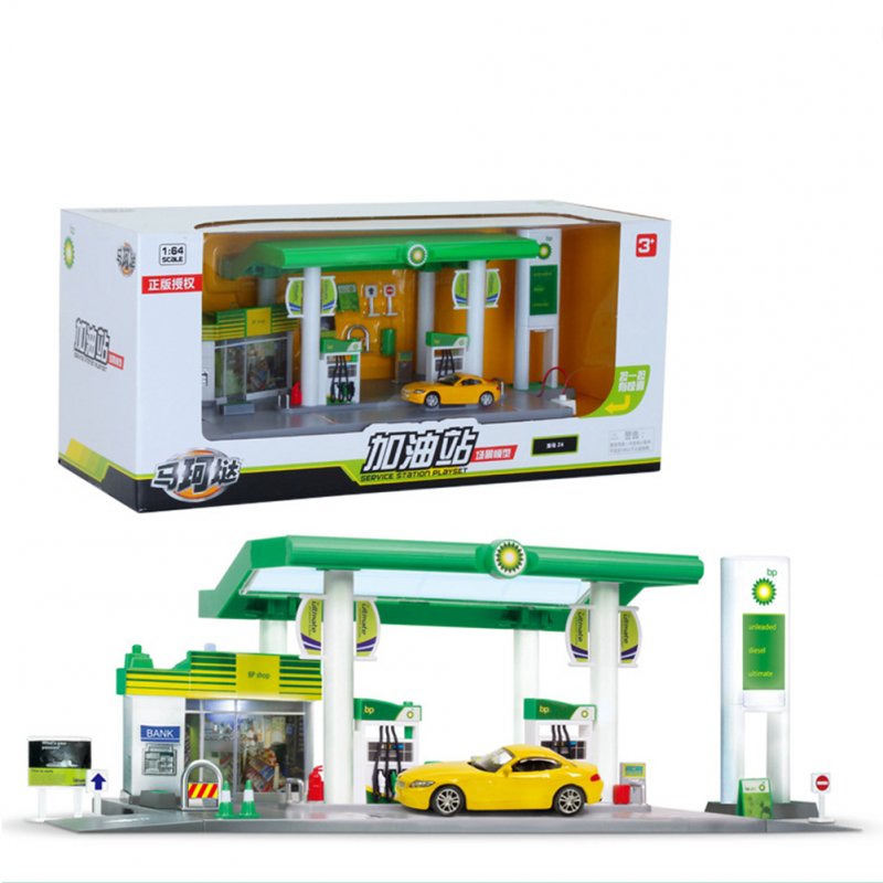 Scale Sound +Light Service Gas Station Store Road Car Playing House Toy Set British BP oil station combination - Car random 1