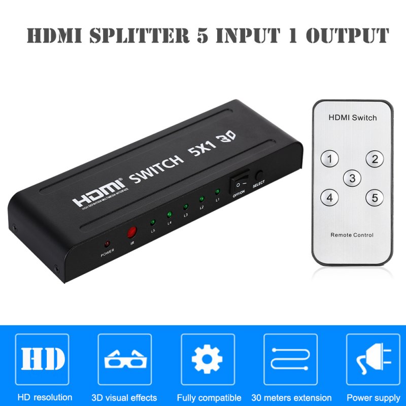 3D 1080p 5-port 5-in-1 HDMI Audio Video Converter Switch with Remote Control for PC DVD Projector