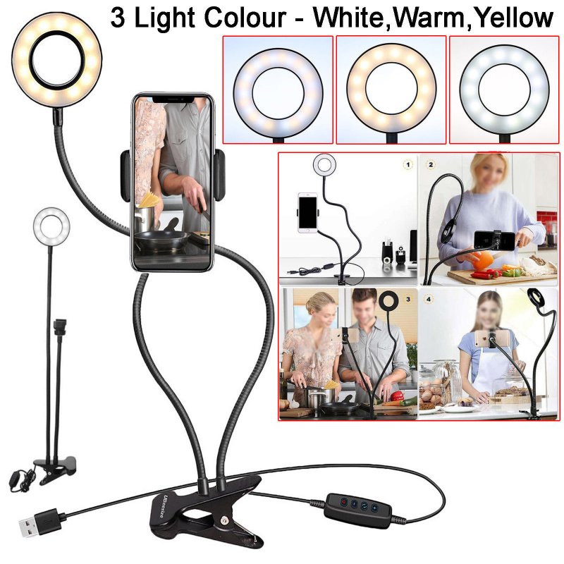 Selfie Flash Ring Light Mobile Phone Holder 24 LED Camera Long Arm USB Clip black