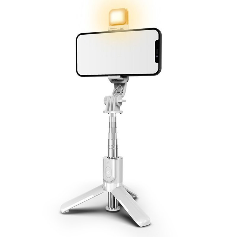 Selfie Stick Tripod Extendable Phones Selfie Extension Rod Portable Lightweight Phone Tripod Stand With Fill Light 360-Degree Rotation For Face Time Zoom Meeting L11s stainless steel white