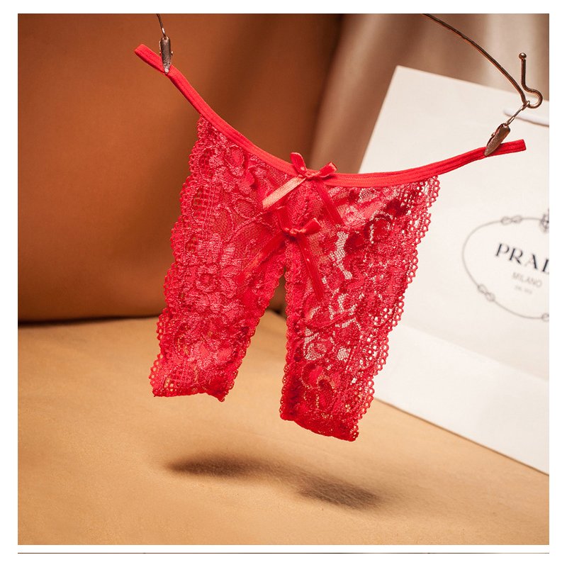 Sexy Bandage Panties Women Bowknot Lace Crotchless G-string Intimates Underwear Ladies Thongs red_One size