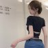 Sexy Short sleeved T shirt For Women Summer Backless Slim Fit Pullover Tops Elegant Round Neck Blouse White XL