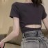 Sexy Short sleeved T shirt For Women Summer Backless Slim Fit Pullover Tops Elegant Round Neck Blouse White XL