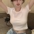 Sexy Short sleeved T shirt For Women Summer Backless Slim Fit Pullover Tops Elegant Round Neck Blouse White XL