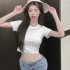 Sexy Short sleeved T shirt For Women Summer Backless Slim Fit Pullover Tops Elegant Round Neck Blouse White XL