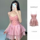Sexy Spaghetti Strap Swimsuit For Women Elegant Solid Color Conservative One-piece Swimsuit For Hot Spring Swimming Pink 9481 one size