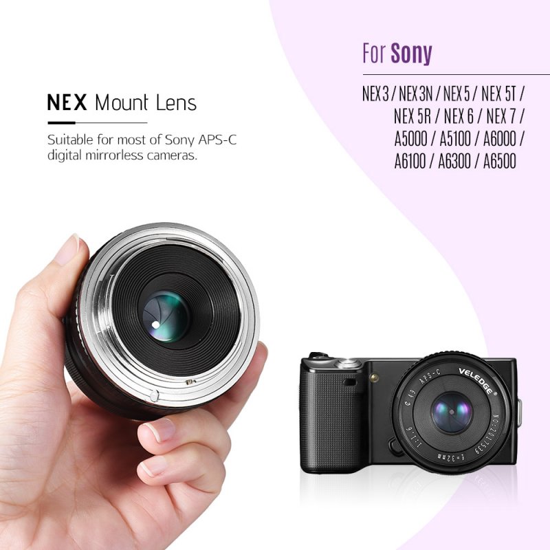 VELEDGE 32MM F1.6 Large Aperture Manual Prime Fixed Lens APS-C for Sony E-Mount Digital Mirrorless Cameras NEX 3 NEX 3N NEX 5 NEX 5T NEX 5R NEX 6 7 A5000, A5100, A6000, A6100,A6300 A6500 