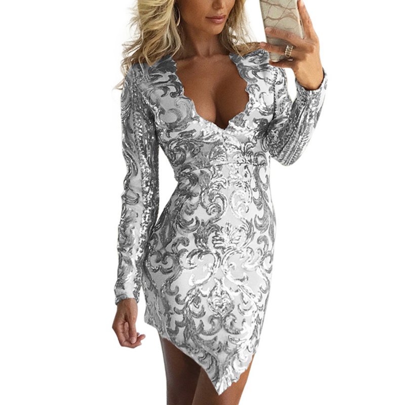 Short Bodycon Dress Embroidered Sequins One-piece Long Sleeve Pencil Dress Lady Female Sexy Nightclub Dress