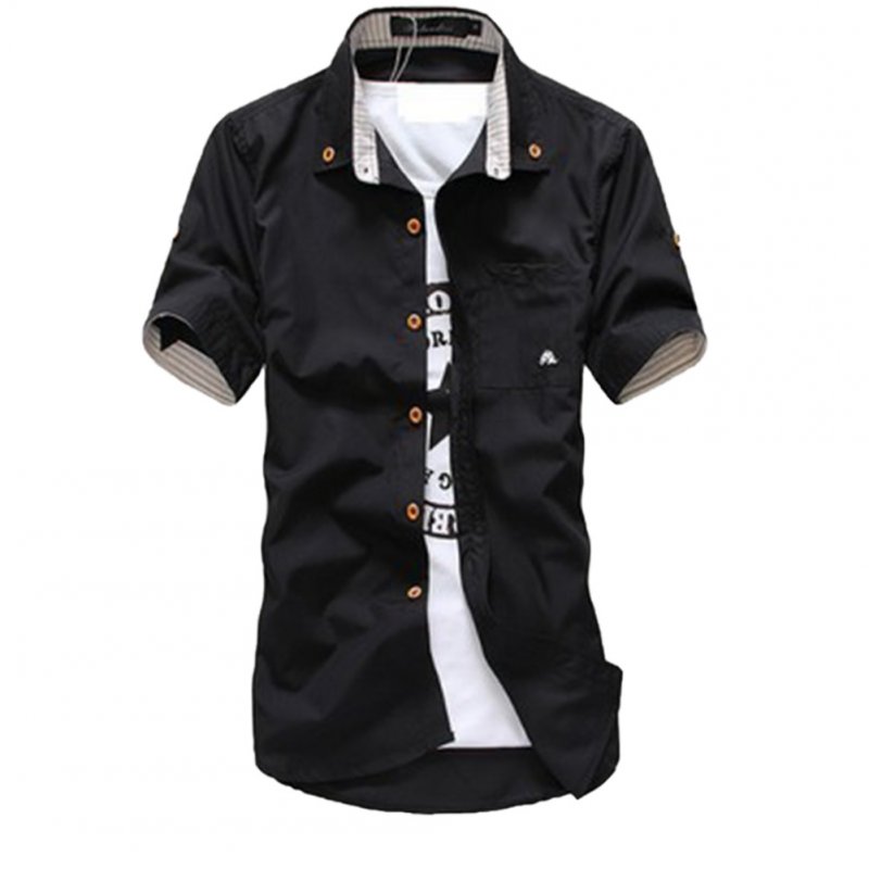 Short Sleeves Shirt Single-breasted Top with Pocket Leisure Cardigan for Man black_L