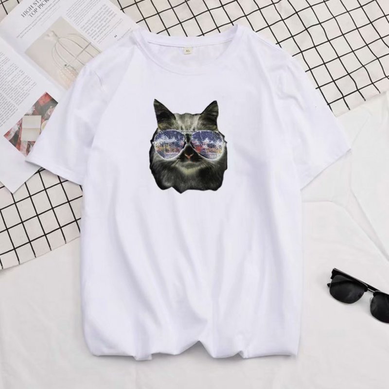 Short Sleeves and Round Neck Shirt Leisure Pullover Top with Animal Pattern Decorated 6105 white_L