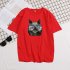 Short Sleeves and Round Neck Shirt Leisure Pullover Top with Animal Pattern Decorated 6105 red L