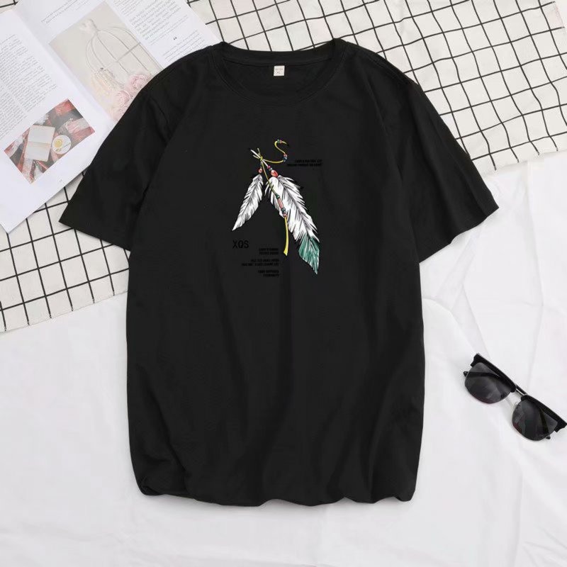 Short Sleeves and Round Neck Shirt with Feather Printed Leisure Top Pullover for Man 658 black_XL