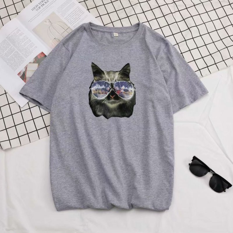 Short Sleeves and Round Neck Shirt Leisure Pullover Top with Animal Pattern Decorated 6105 gray_3XL