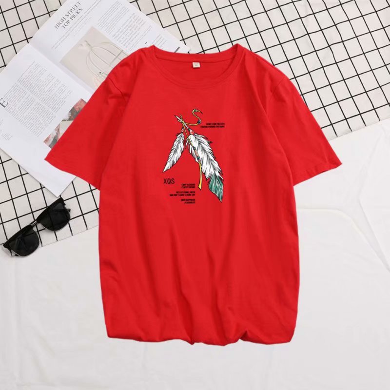 Short Sleeves and Round Neck Shirt with Feather Printed Leisure Top Pullover for Man 658 red_3XL