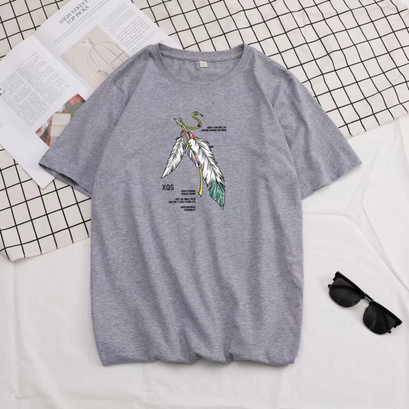 Short Sleeves and Round Neck Shirt with Feather Printed Leisure Top Pullover for Man 658 gray_L