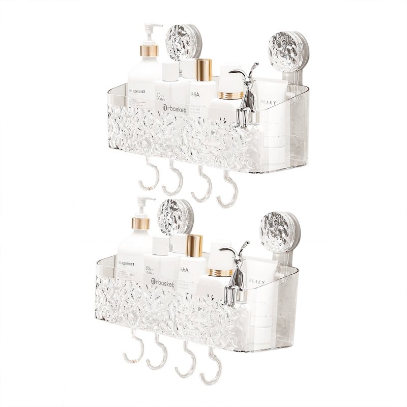 Shower Caddy Suction Cup Clear Bathroom Shower Organizer Light Luxury Style Glacier Pattern Shower Dispenser Soap Organizer No Drilling Adhesive Bathroom Storage Shelves 2 Sitting Rabbit 8 hooks Large size [pack of 2]