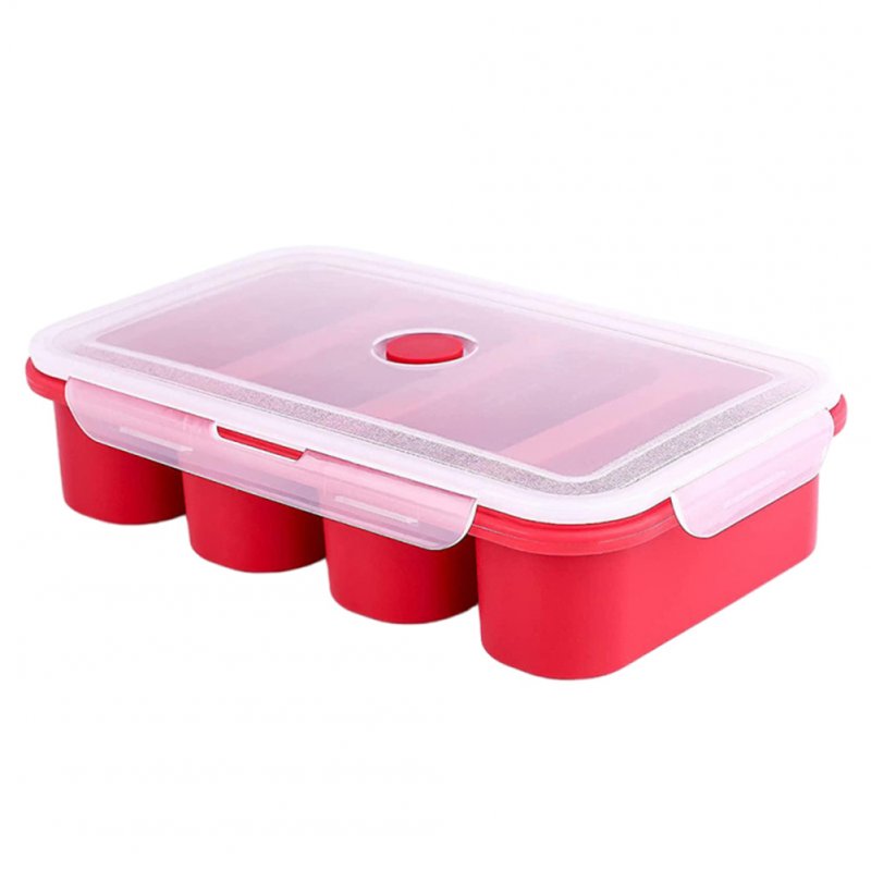 Silicone  Freezer  Tray Soup 4 Cubes Food Freezing Container Molds With Lid Frozen Packaging Box Red_4 cells
