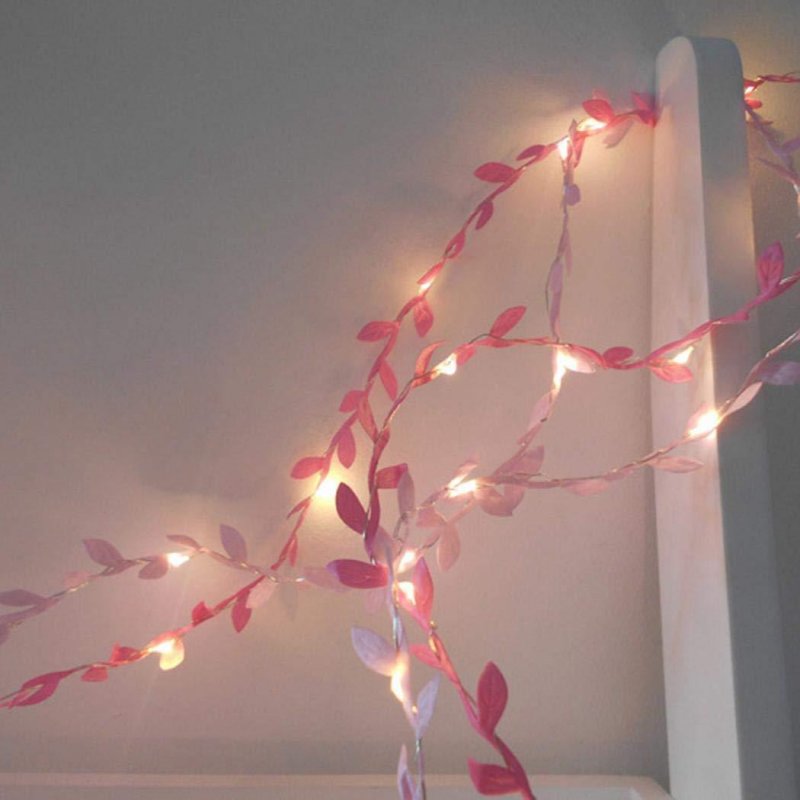 Simulate Leaf Garland String Light Flexible Copper Wire Artificial Leaves Lamp for Christmas Wedding Party Pink leaf rattan_3m copper wire lamp (battery box)