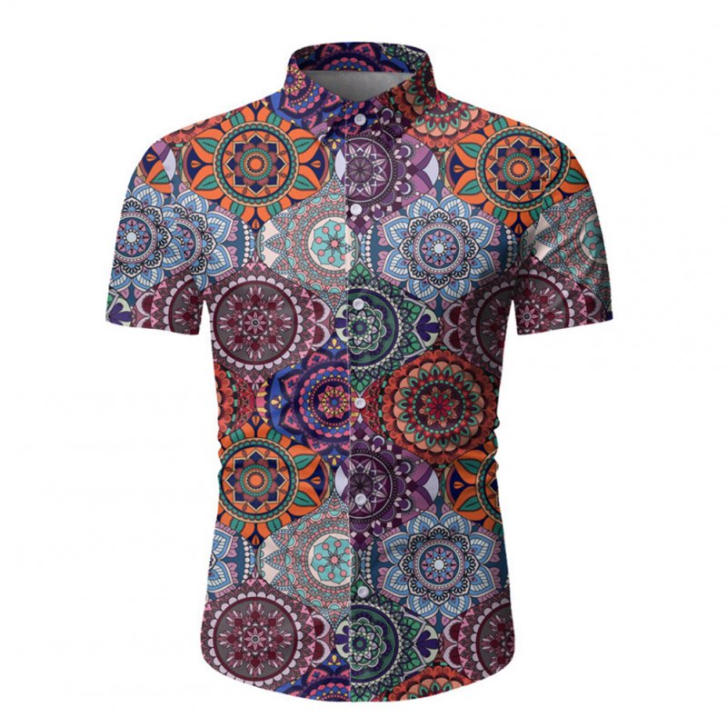 Single-breasted Shirt of Short Sleeves and Turn-down Collar Floral Printed Top for Man As shown _M