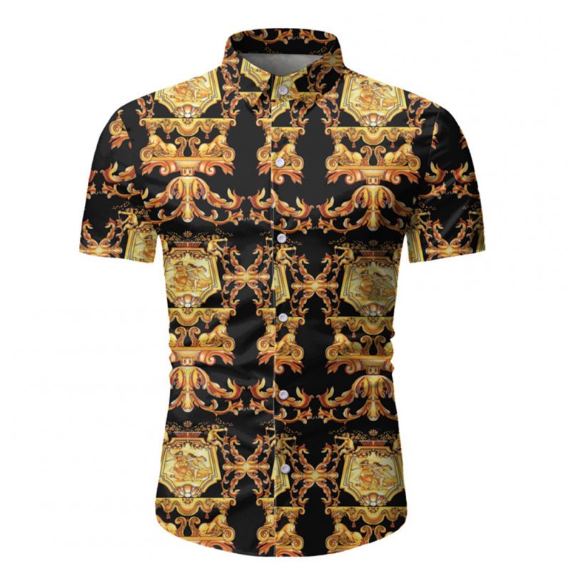 Single-breasted Shirt of Short Sleeves and Turn-down Collar Floral Printed Top for Man As  shown_M