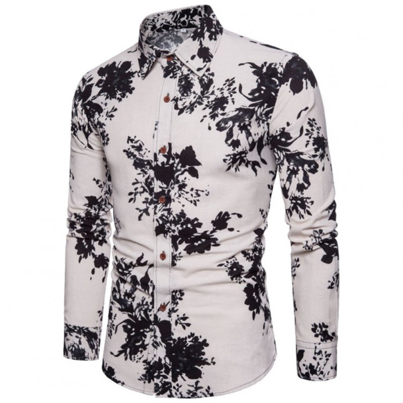 Single-breasted Shirt of Long Sleeves and Turn-down Collar Floral Printed Top for Man CS24 black_M