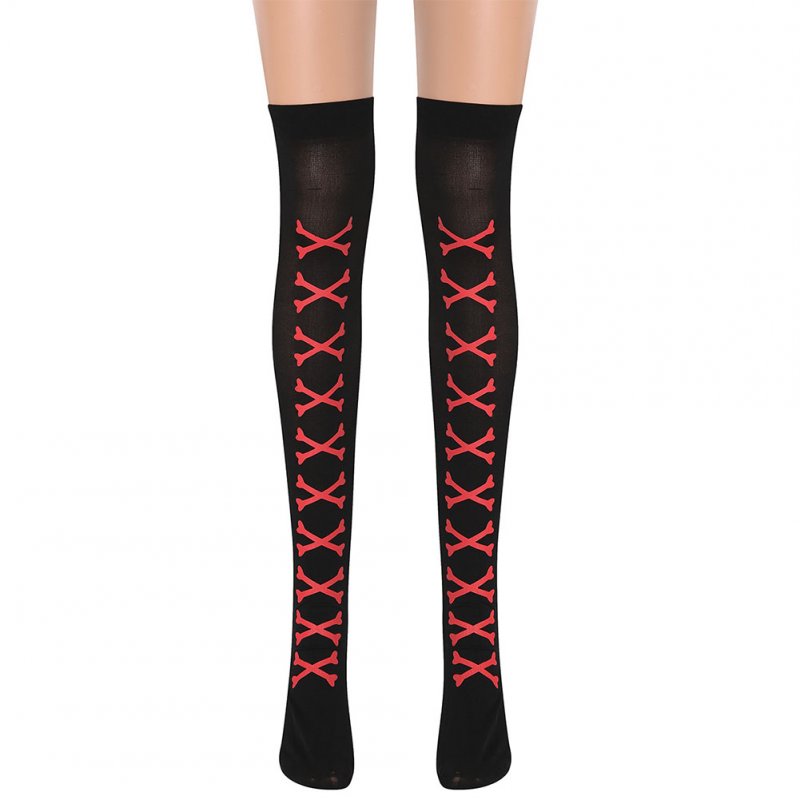 Skull Pattern Printing Socks Over Knee Stocking for Halloween Make Up Party Prop 3# (Bright Red Bones)_One size