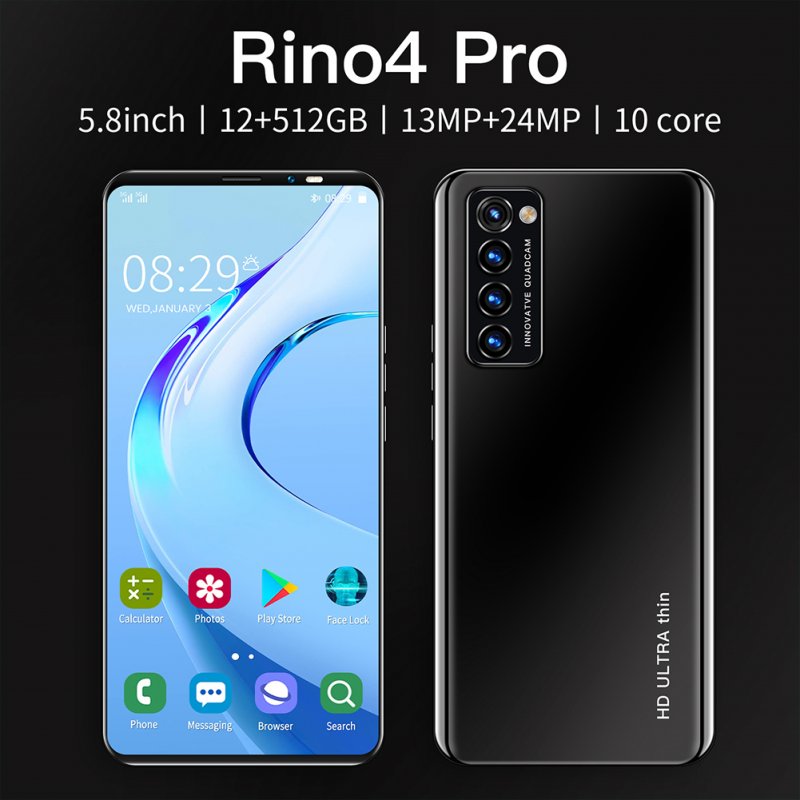 Smart Phone HD+ Full Screen Rino4 Pro 5.8 Inches 512MB RAM+4GB ROM  Facial Recognition Smart  Phone Black (UK Plug)