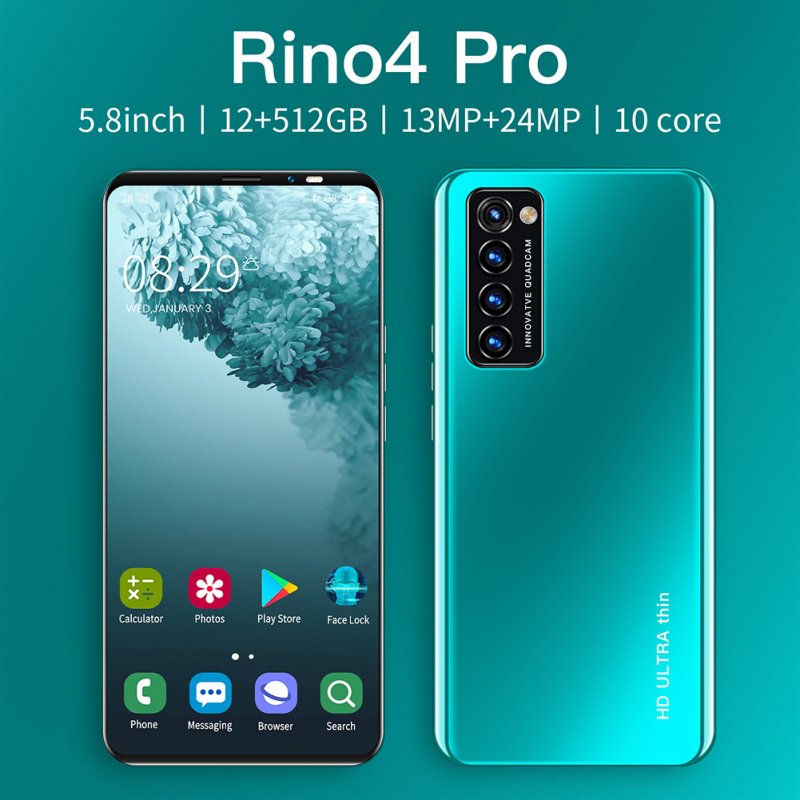 Smart Phone HD+ Full Screen Rino4 Pro 5.8 Inches 512MB RAM+4GB ROM  Facial Recognition Smart  Phone Green (UK Plug)