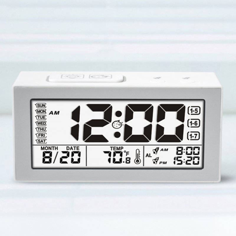 Smart Silent Luminous Alarm Clock 2 Kinds Alarm Ring LCD Wide View Screen English Edition white