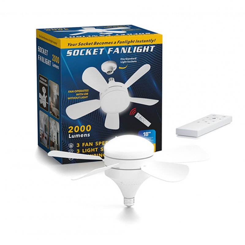 Socket Fan Light With Remote, E27 Base Screw Ceiling Fan With Light, Detachable Fan Blades, 3 Speed, Dimmable 3 Color Temperatures, Timer Function 18 inches