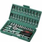 Socket Wrench Set Wrench Socket Set With Rotating Handle Extension Bar Universal Joint Sliding T-bar Blowing Box For Household Auto Repairing Small 46 piece set green box