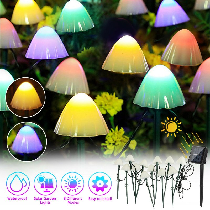 Solar 10 Led Mushroom String Lights 8 Modes Ip65 Waterproof Outdoor Garden Landscape Decorative Lights Colorful