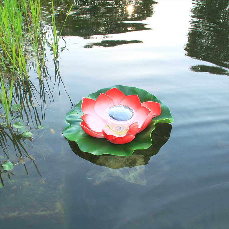 Solar Powered LED Flower Light Lotus Shape Floating Pond Garden Pool Lamp bright red
