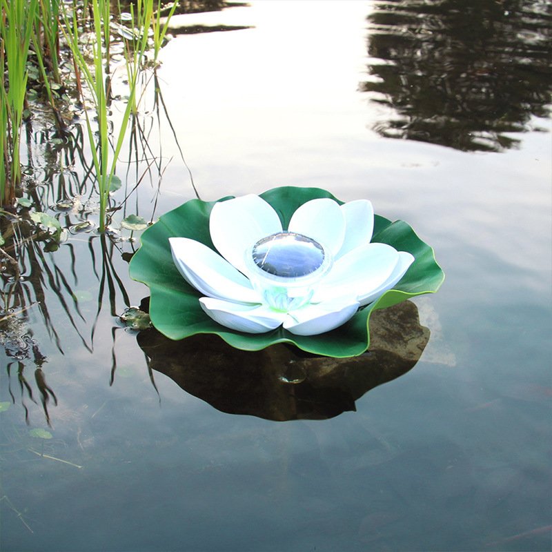 Solar Powered LED Flower Light Lotus Shape Floating Pond Garden Pool Lamp white