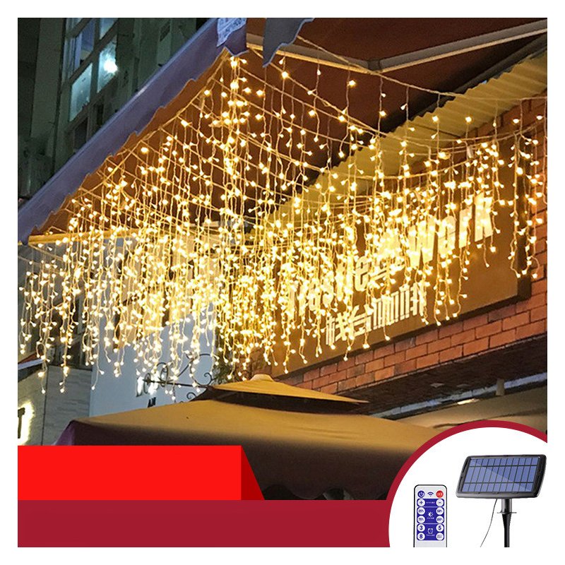 Solar Powered Led Icicle Curtain String Light 4 Modes Adjustable Lamp Decor 3/5 Meters 120LEDs/256LEDs  warm light_5M