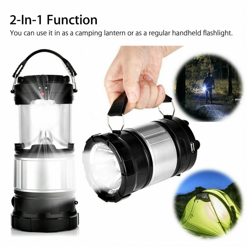 Solar + Rechargeable Battery Led  Flashlight 360-degree Lighting Super-bright Lightweight Portable Light For Outdoor Camping Tent Black