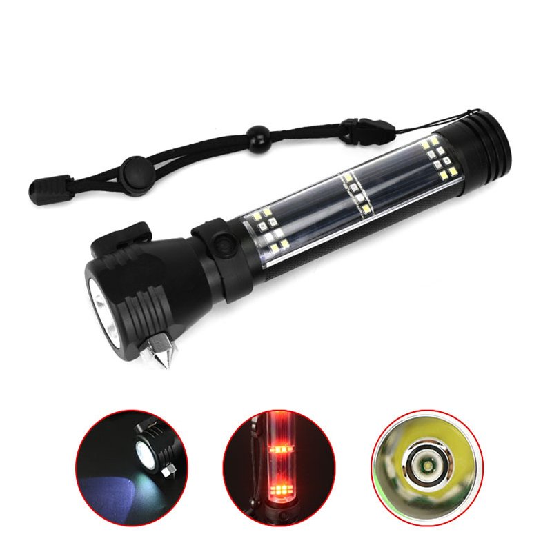 Solar Safety Hammer Flashlight Multi-function Usb Car Emergency Flashlight black